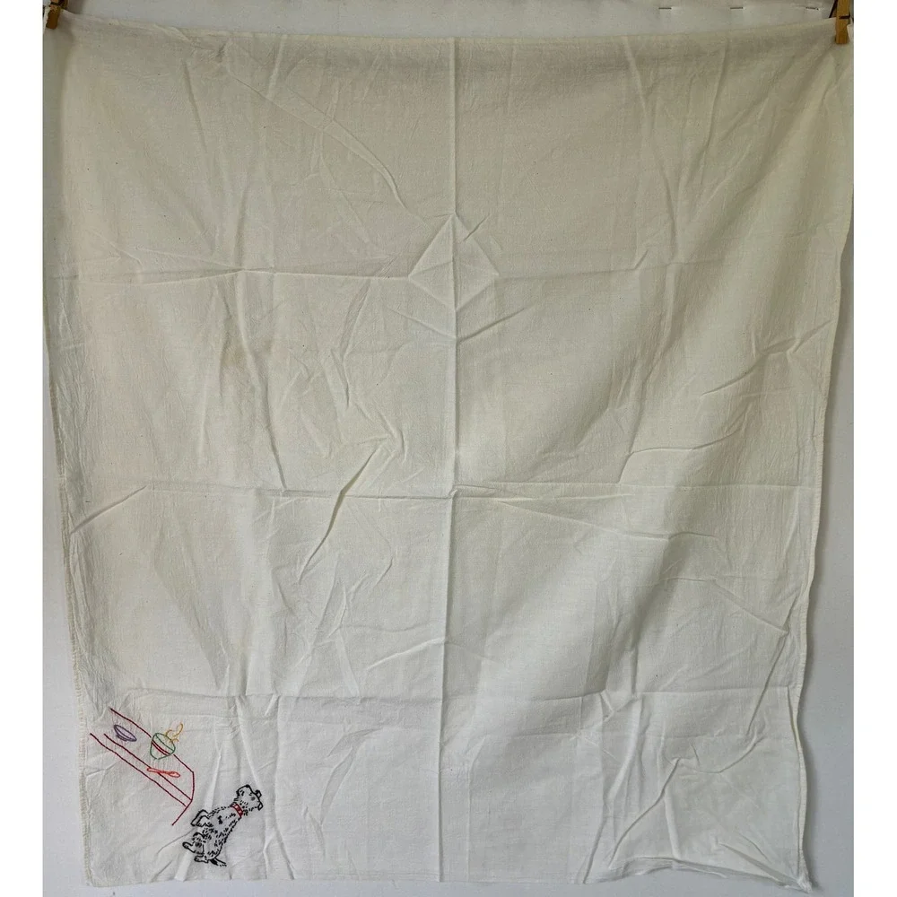 Cottagecore Tea Towels Vintage Embroidered Pig Dog Kitchen White Good